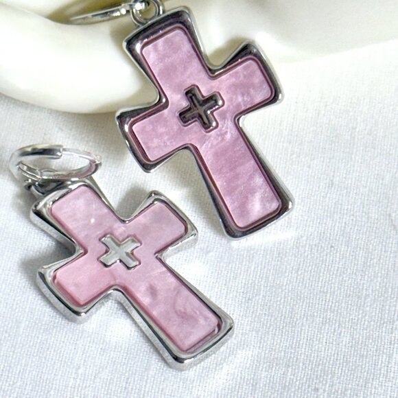 Pink Mother of Pearl Cross Dangle Earrings Silver Tone Leverback - Picture 1 of 7